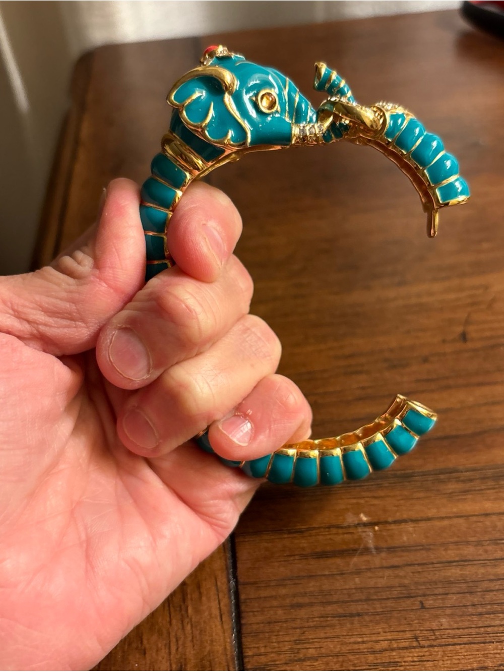 Kenneth Jay Lane KJL Teal Enamel & Rhinestone Elephant Head Cuff Bracelet - Picture 4 of 10